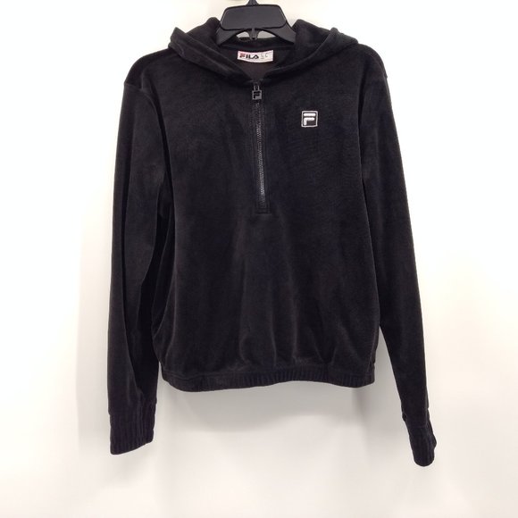 FILA Track Jacket Women's S Black Velour Hoodie 1/4 Zip Pockets‎ Ribbed Logo - Picture 1 of 16